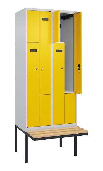 C+P Z-Spind Evolo PLUS, Bank, 4 Fächer, 2120x800x815mm, 7035/1023, Zylinderschloss, Sitzfläche Holz, 0490437-224 S10025