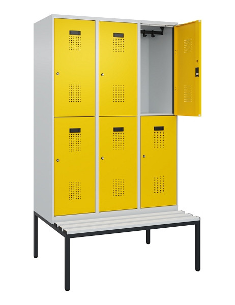 C+P Doppelstock-Spind Evolo PLUS, Bank, 6 Fächer, 2120x1200x815mm, 7035/1023, Zylinderschloss, Sitzfläche Kunststoff, Sitzbank, 0493507-32 S10109