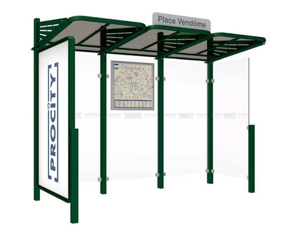 Procity Wartehalle Convi® - Standard - 1 Doppelseitiger Schaukasten "2000" Links + 1 Seitenverkleidung Rechts, Farbe RAL 6005, 529386.6005