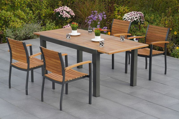 Merxx Santorin Set 5-teilig, 4 Stapelsessel, 1 Ausziehtisch, 150 (200) x 90 cm, Aluminium mit FSC Akazienholz, 50661-209