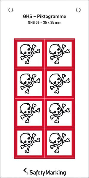 SafetyMarking GHS-Gefahrenpiktogramm, Symbol 06: Totenkopf, BxH 3,5x3,5 cm, Folie, selbstklebend, VE: 8 Stück/Bogen, 30.3552-06