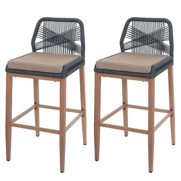 Mendler 2er-Set Rope-Barhocker HWC-O21, Outdoor Sitzpolster Seilgeflecht Metall Holz-Optik, anthrazit, Kissen taupe, 110982