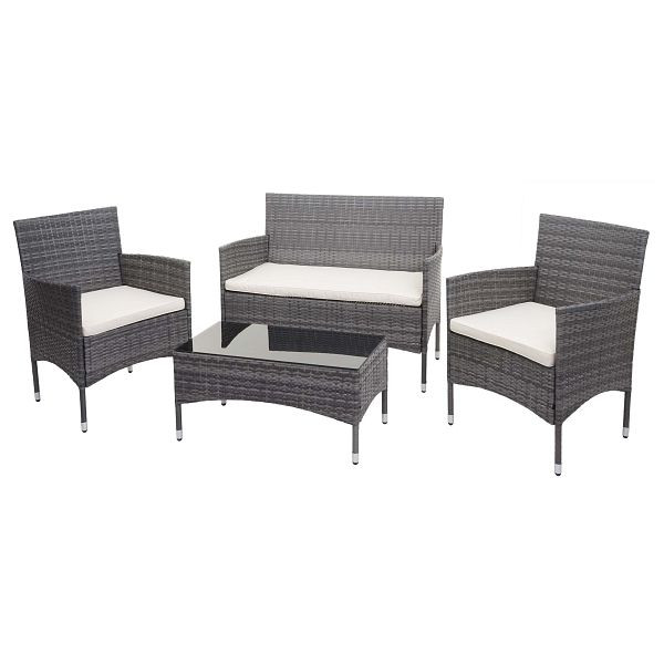 Mendler Poly-Rattan Garnitur HWC-F55, Balkon-/Garten-/Lounge-Set Sofa Sitzgruppe, grau, Kissen creme, 76116