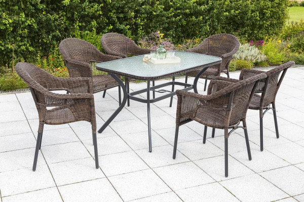 Merxx Ravenna Set 7-teilig, 6 Stapelsessel, 1 Tisch 150 x 85 cm, matte Glasplatte, graphit/schoko, Aluminiumgestell mit Kunststoffgeflecht, 50398-210
