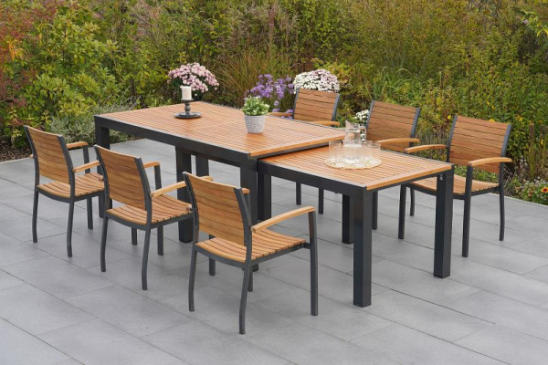 Merxx Santorin Set 7-teilig, 6 Stapelsessel, 1 Flex Ausziehtisch 180 (300) x 100 cm, Aluminium mit FSC Akazienholz, 50663-209