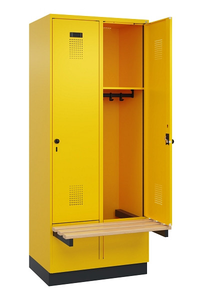 C+P Spind Evolo PLUS, 2 Abteile, 1950x800x815mm, 1023/1023, Drehriegel, Sitzfläche Holz, Sitzbank auskragend Sockel, 049040-22 S10022