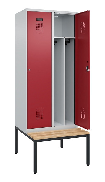 C+P Spind Evolo PLUS, 2 Abteile, 2120x800x815mm, 7035/3003, Haken 4, Zylinderschloss, Sitzfläche Buche-Hartholz, Sitzbank, Trennwand, 0490507-22F S10031