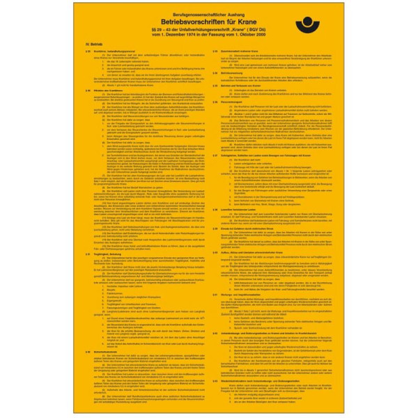 Stein HGS Berufsgenossenschaftlicher Aushang, Betriebsvorschriften für Krane, Kunststoff, witterungsbeständig, 43.2936