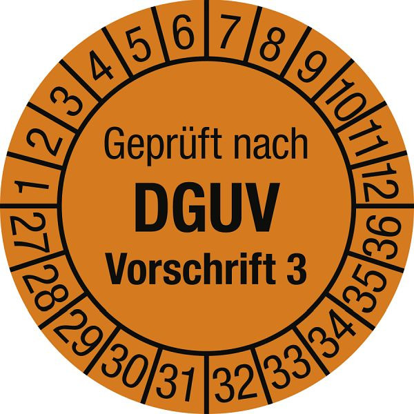 Moedel Prüfplakette Geprüft nach DGUV Vorschrift 3, 2027-2036, Folie, Ø 20 mm, VE: 10 Stück/Bogen, 108275