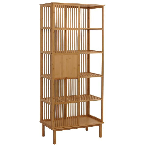 Mendler Bambus Standregal HWC-N81, Badezimmerschrank Badschrank Badregal Kommode, 5 Regalböden Schiebetür FSC® 186x80x45cm, 109588