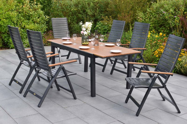 Merxx Astros Set 7-teilig, 6 Astros Klappsessel, Ausziehtisch, 150 (200) x 90 cm, Tischplatte Kunstoff, Holzoptik, Aluminium mit Kunststoff, 50196-217