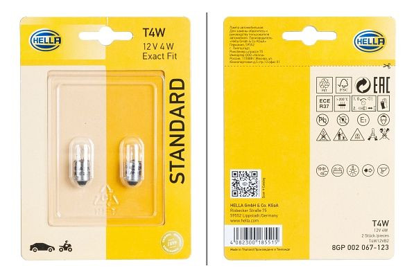 HELLA Glühlampe, T4W, Standard, 12V, 4W, Sockelausführung Glühlampe: BA9s, Blister, VE: 2 Stück, 8GP 002 067-123