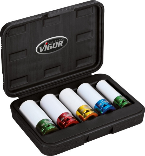 VIGOR Schlagschrauber Steckschlüsseleinsatz Satz, Vierkant hohl 12,5 mm (1/2 Zoll), Außen-Sechskant Profil, 15 - 22, Anzahl Werkzeuge: 5, V2257