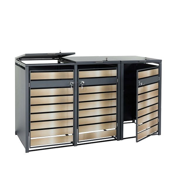 Mendler 3er Mülltonnenverkleidung HWC-J81, Mülltonnenbox, erweiterbar, Metall 82kg, anthrazit, gold, 83374+83375+83376
