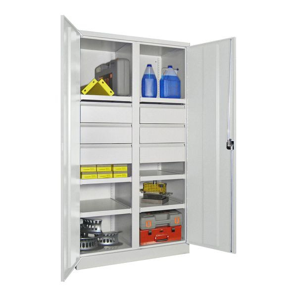 Pavoy Schwerlastschrank 1950/1040/630, Trennwand, 6 gepulverte Fachböden, 6 Schubladen, Flügeltüren, Drehgriff mit Zylinderschloss, 36366-104-002-910515