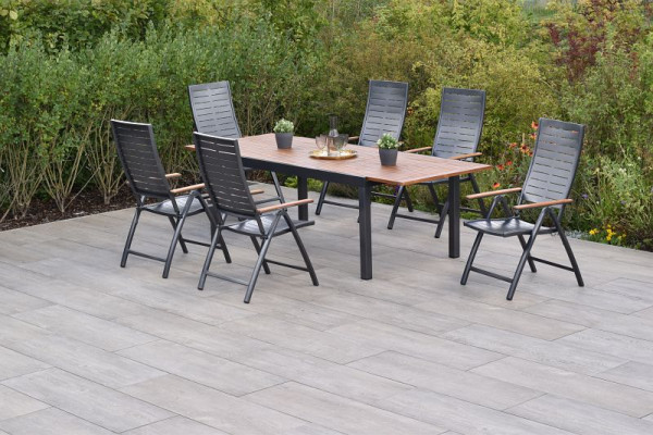 Merxx Tinos Set 7-teilig, 6 Tinos Klappsessel, Armlehnen aus Akazienholz, 1 Ausziehtisch 180 (250) x 100 cm, Tischplatte aus Akazienholz, 50806-217