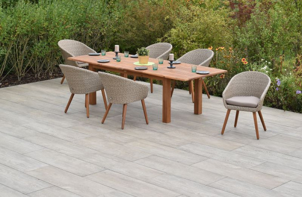 Merxx Arrone Set 7-teilig, 6 Arrone Sessel, inkl. Sitzkissen, 1 Doppelausziehtisch, 180 (220/260) x 100 cm, Schilf, 50897-259