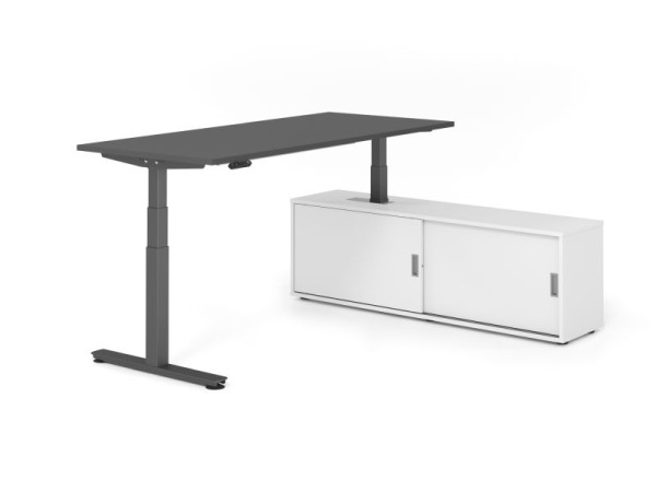 Hammerbacher Schreibtisch XDSM19, 180x80cm, Platte: Graphit, T-Fuß Gestell Graphit, Höhe: 63 - 127 cm, Weiß / Weiß, VXDSM19SB/G/G/W/W