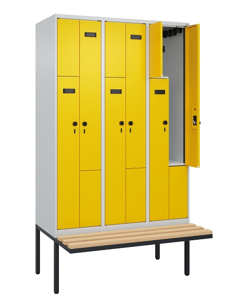 C+P Z-Spind Evolo PLUS, Bank, 6 Fächer, 2120x1200x815mm, 7035/1023, Drehriegel, Sitzfläche Holz, 0490437-326 S10003