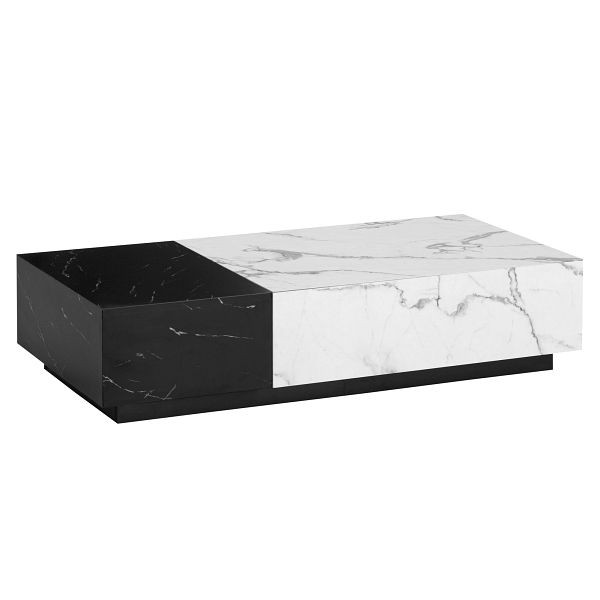 Wohnling Couchtisch 120x60x28cm Weiß Schwarz Sofatisch in Marmor-Optik, Wohnzimmertisch Niedrig Rechteckig mit Schubladen, WL7.144