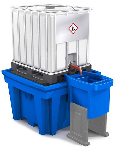 DENIOS Vorsatzbehälter für IBC-Auffangwannen, höhenverstellbar, mit zwei Füßen, 267911