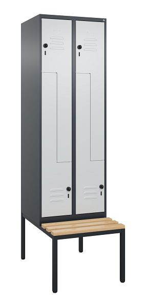 C+P Z-Spind Classic PLUS, mit untergebauter Sitzbank, 4 Abteile, 2120x600x815mm, 7016/7035, Drehriegel, Buche-Sitzleisten, 0800537-204 S10013