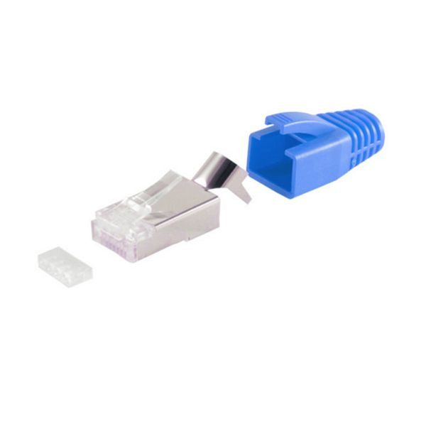 S-Conn Netzwerk Modular Stecker RJ45 SET für Verlegekabel bis AWG 23, Stecker mit Zugentlastung, Einführhilfe und Tülle, blau VE: 100 Stück, 72067-100B