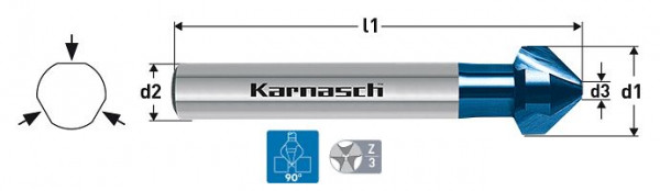 Karnasch Kegelsenker 90°, HSS-XE+Blue-Tec beschichtet, 3-Flächen-Schaft, DIN 335 d=31,0mm, VE: 2 Stück, 201745250
