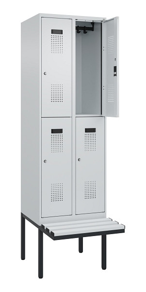 C+P Doppelstock-Spind Evolo PLUS, Bank, 4 Fächer, 2120x600x815mm, 7035/7035, Zylinderschloss, Sitzfläche Kunststoff, 0493407-20 S10121