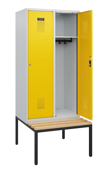 C+P Spind Evolo PLUS, 2 Abteile, 1950x800x815mm, 7035/1023, Zylinderschloss, Sitzfläche Buche-Hartholz, Sitzbank, 0490505-22 S10020
