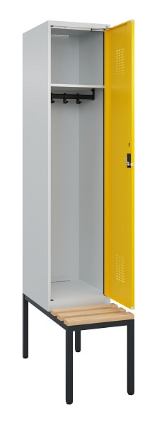 C+P Spind Evolo PLUS, 1 Abteile, 2120x400x815mm, 7035/1023, Haken 4, Zylinderschloss, Sitzfläche Buche-Hartholz, Sitzbank, 0490507-12 S10028