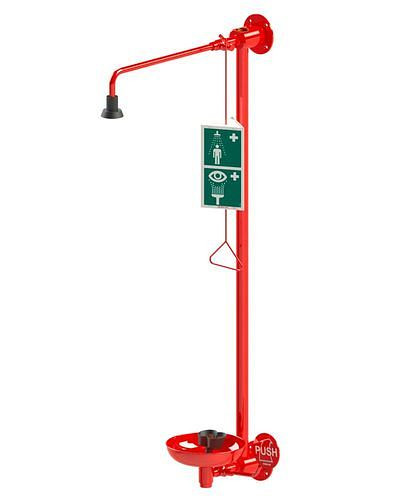 B-SAFETY Körperdusche mit Augendusche mit Auffangbecken, rot, Wandmontage, 5/4" für Zirkulation, DVGW, 306268