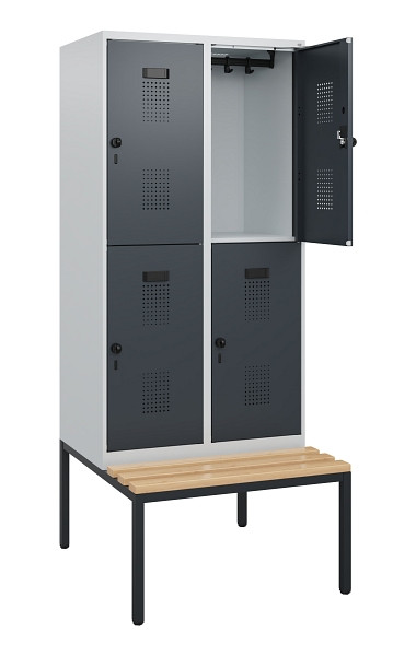 C+P Doppelstöckiger Spind Evolo PLUS, Bank, 4 Fächer, 1950x800x815mm, 7035/7016, Drehriegel, Sitzfläche Buche-Hartholz, Sitzbank, 0493505-22 S10012