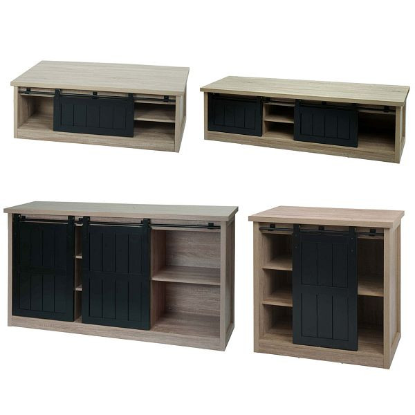 Mendler Wohnzimmerset aus TV-Rack, Sideboard, Kommode und Couchtisch HWC-K75, Schiebetür Staufächer, Industrial, naturfarben, 103784