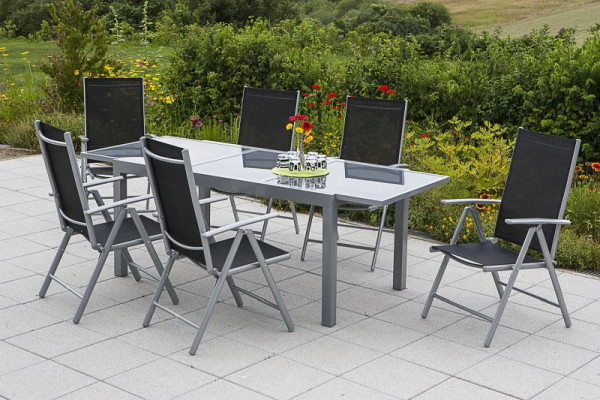 Merxx Amalfi Set 7-teilig, 6 Amalfi Klappsessel, Rückenlehne verstellbar, 1 Ausziehtisch 160 (220) x 90 cm, silber/schwarz, 50348-317