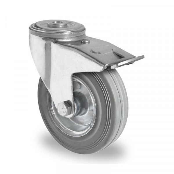 Cascoo Rückenloch-Lenkrolle mit Total-Feststeller, Cascoo Premium, Ø 200 mm, Vollgummi in grau, Stahlblech blau passiviert, BPH98W0200SWR2R0N