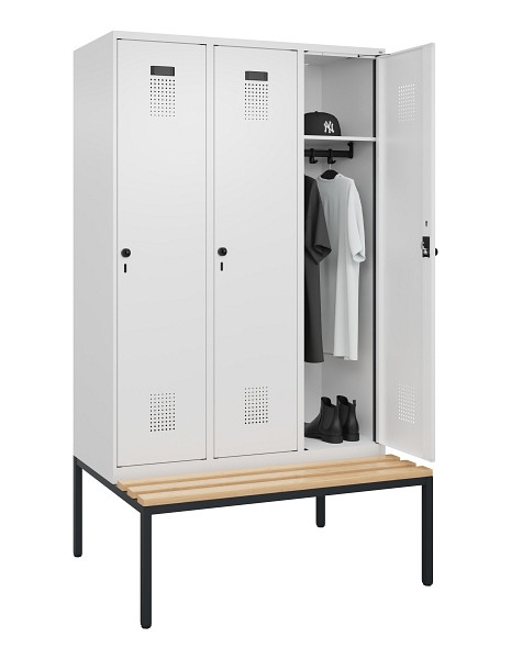 C+P Spind Evolo PLUS, 3 Abteile, 2120x1200x815mm, 9016/9016, Haken 4, Drehriegel, Sitzfläche Buche-Hartholz, Sitzbank, 0490507-32 S10020