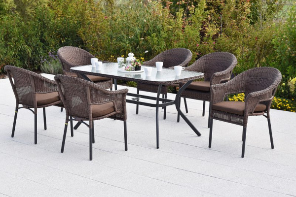 Merxx Ravenna Set 13-teilig, 6 Stapelsessel, 6 Sitzkissen, braun, 1 Tisch 150 x 85 cm, matte Glasplatte mit Geflechtrand, Graphit/Schoko, 50938-310