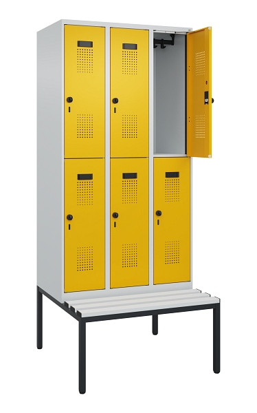 C+P Doppelstock-Spind Evolo PLUS, Bank, 6 Fächer, 2120x900x815mm, 7035/1004, Drehriegel, Sitzfläche Kunststoff, Sitzbank, 0493507-30 S10081