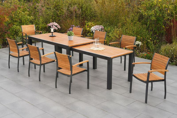 Merxx Santorin Set 9-teilig, 8 Stapelsessel, 1 Flex Ausziehtisch 180 (300) x 100 cm, Aluminium mit FSC Akazienholz, 50664-209