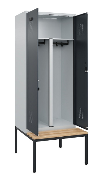C+P PSA Doppel-Spind Evolo PLUS, Bank, 2 Abteile, 2120x800x815mm, 7035/7016, Zylinderschloss, Sitzfläche Buche-Hartholz, Sitzbank, 0490527-22P S10039