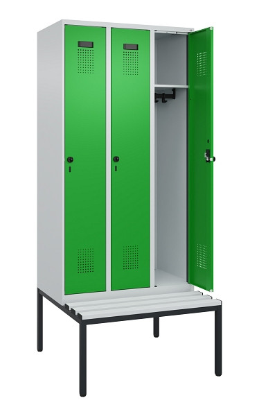 C+P Spind Evolo PLUS, 3 Abteile, 2120x900x815mm, 7035/6037, Haken 3, Drehriegel, Sitzfläche Kunststoff, Sitzbank, 0490507-30 S10065