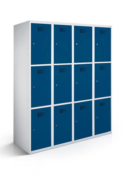 KEMMLIT Schließfachschrank mit 4 Abteilen und 12 Türen 30cm mit geschlossenem Sockel, Enzianblau 5010, Zylinderschloss, 100605