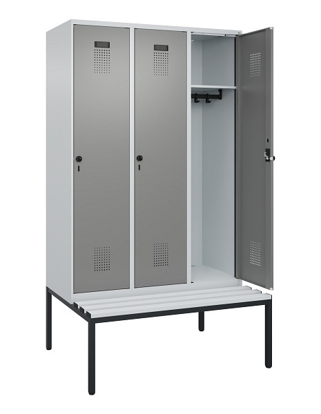 C+P Spind Evolo PLUS, 3 Abteile, 2120x1200x815mm, 7035/0004, Haken 4, Drehriegel, Sitzfläche Kunststoff, Sitzbank, 0490507-32 S10068