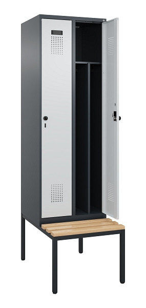 C+P Spind Evolo PLUS, 2 Abteile, 2120x600x815mm, 7016/7035, Drehriegel, Sitzfläche Buche-Hartholz, Sitzbank, 0490507-20F S10017