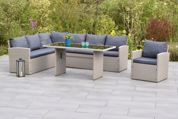 Merxx Lanzarote Eckset, 1 Eckbank inkl. Sitz- und Rückenkissen, 1 Sessel, inkl. Sitz- und Rückenkissen, 1 Tisch 145 x 70, grau, 28561-209