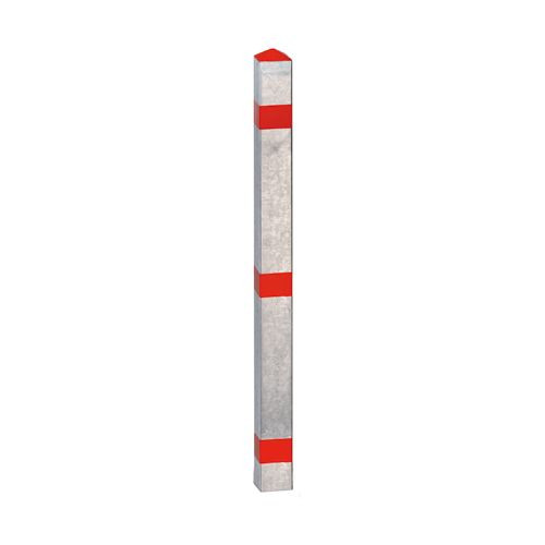 Absperrpfosten "Acero" 70x70mm, aus Stahl, zum Aufdübeln (Bodenplatte 100x200mm), verzinkt 3 rote Reflexstreifen, 13530