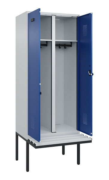 C+P Schwarz-Weiß-Spind Evolo PLUS, Bank, 2 Abteile, 2120x800x815mm, 7035/5010, Drehriegel, Material Sitzfläche Kunststoff, 0490427-22 S10060