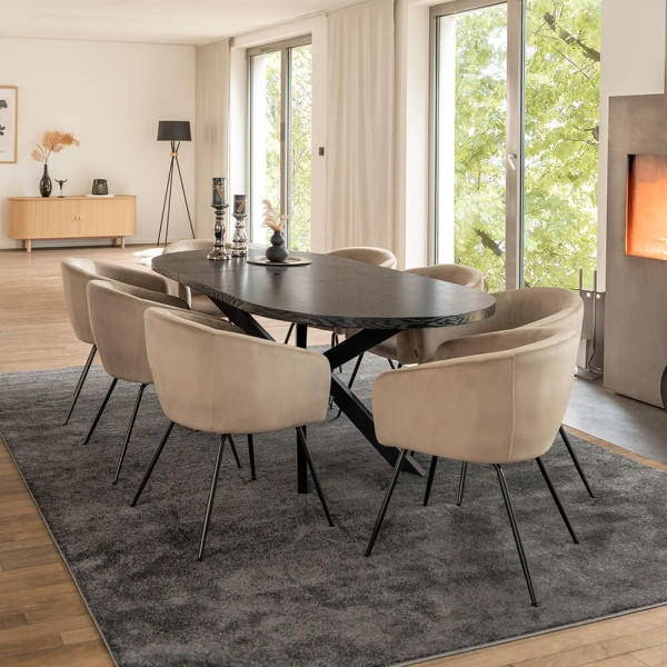 HOME DELUXE Essgruppe Oval Ausziehbar AVENTI inklusive Sternfuß 160x100 cm Dark Oak 6 Stühle AMARA Samt Beige, 58658