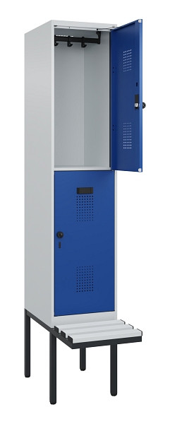 C+P Doppelstock-Spind Evolo PLUS, Bank, 2 Fächer, 2120x400x815mm, 7035/5010, Drehriegel, Sitzfläche Kunststoff, 0493407-12 S10087